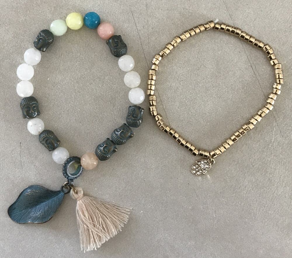 Set Pair Indian Hamsa Buddha Gold Multicolor Beaded Tassel Charm Bracelets